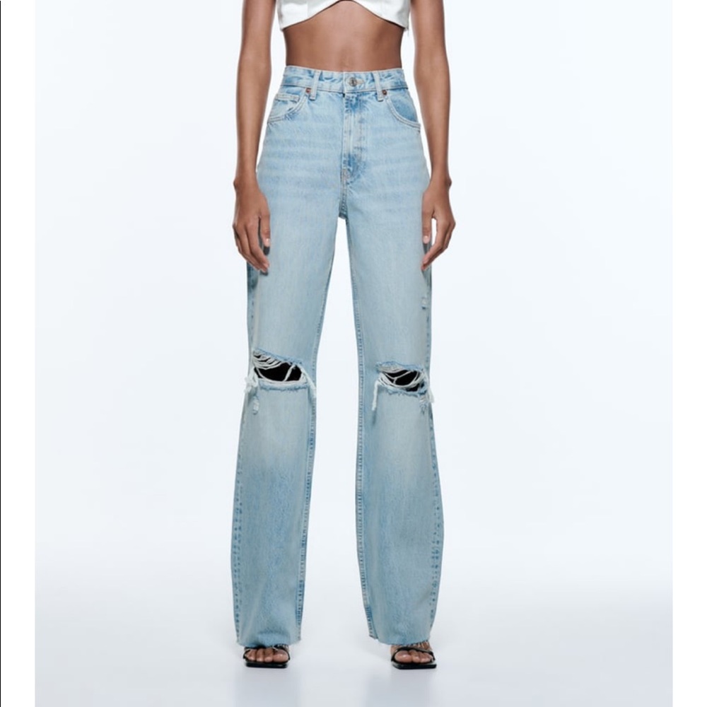 Zara light wash ripped wide leg jeans